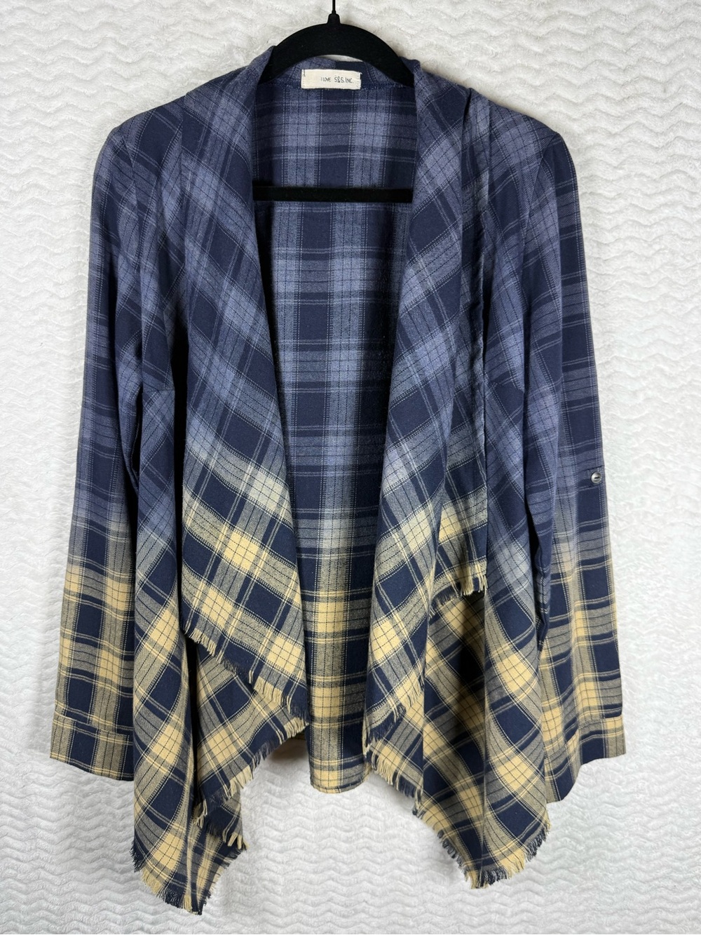 Plaid Open-Front Draped Cardigan Sweater - Blue & Cream. Flowy 🤩🧡 100% cotton 😎